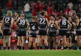 A dejected Blues outfit after their hammering by the Swans at the Sydney Cricket Ground. (Dean Lewins/AAP PHOTOS)
